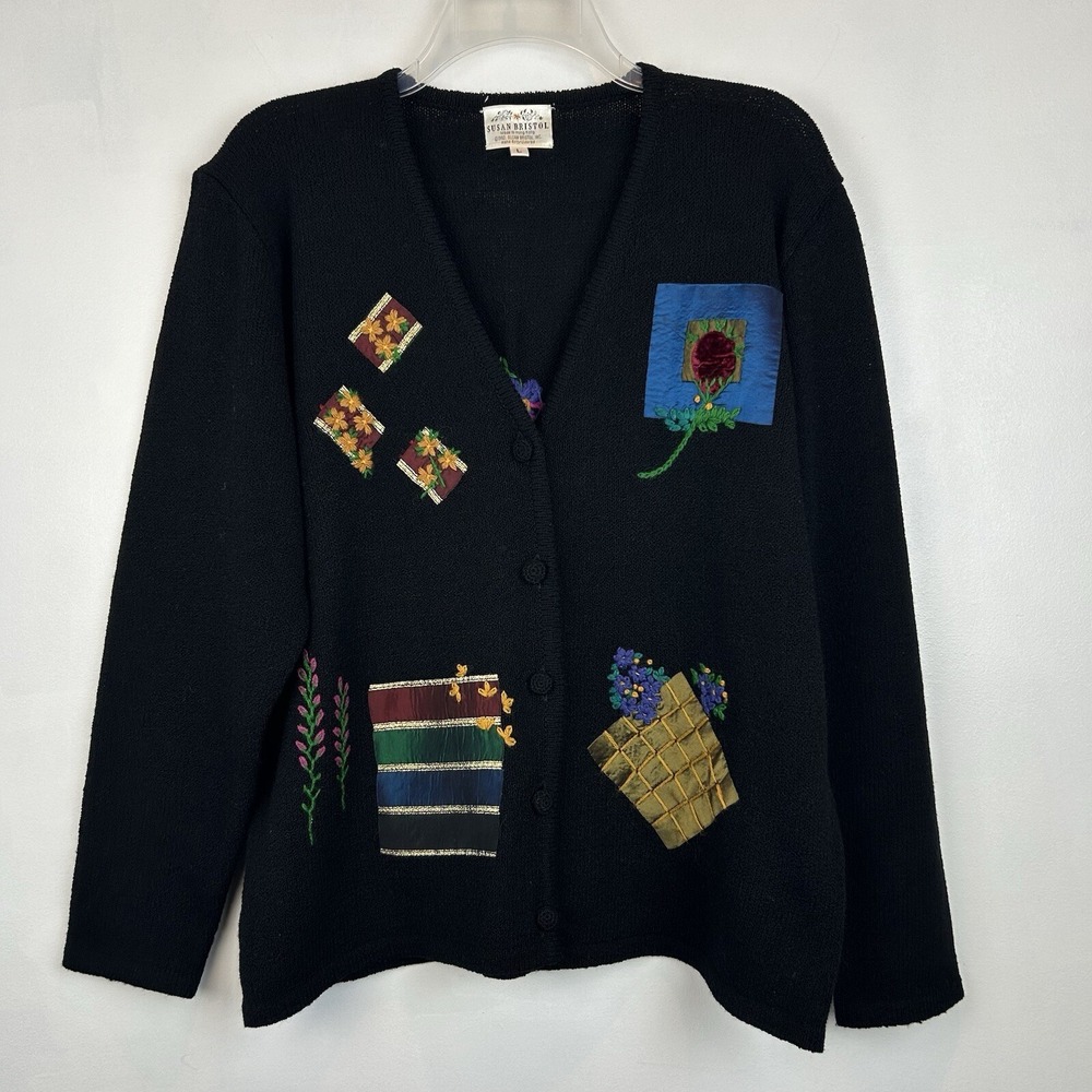 Vtg Sweater Womans L Cardigan Patchwork Flowers Black Art to Wear Susan Bristol